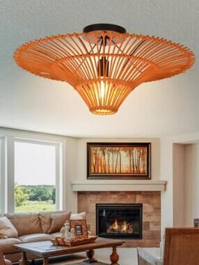 24" Rd. Woven Rattan Light Fixture Wicker Chandelier